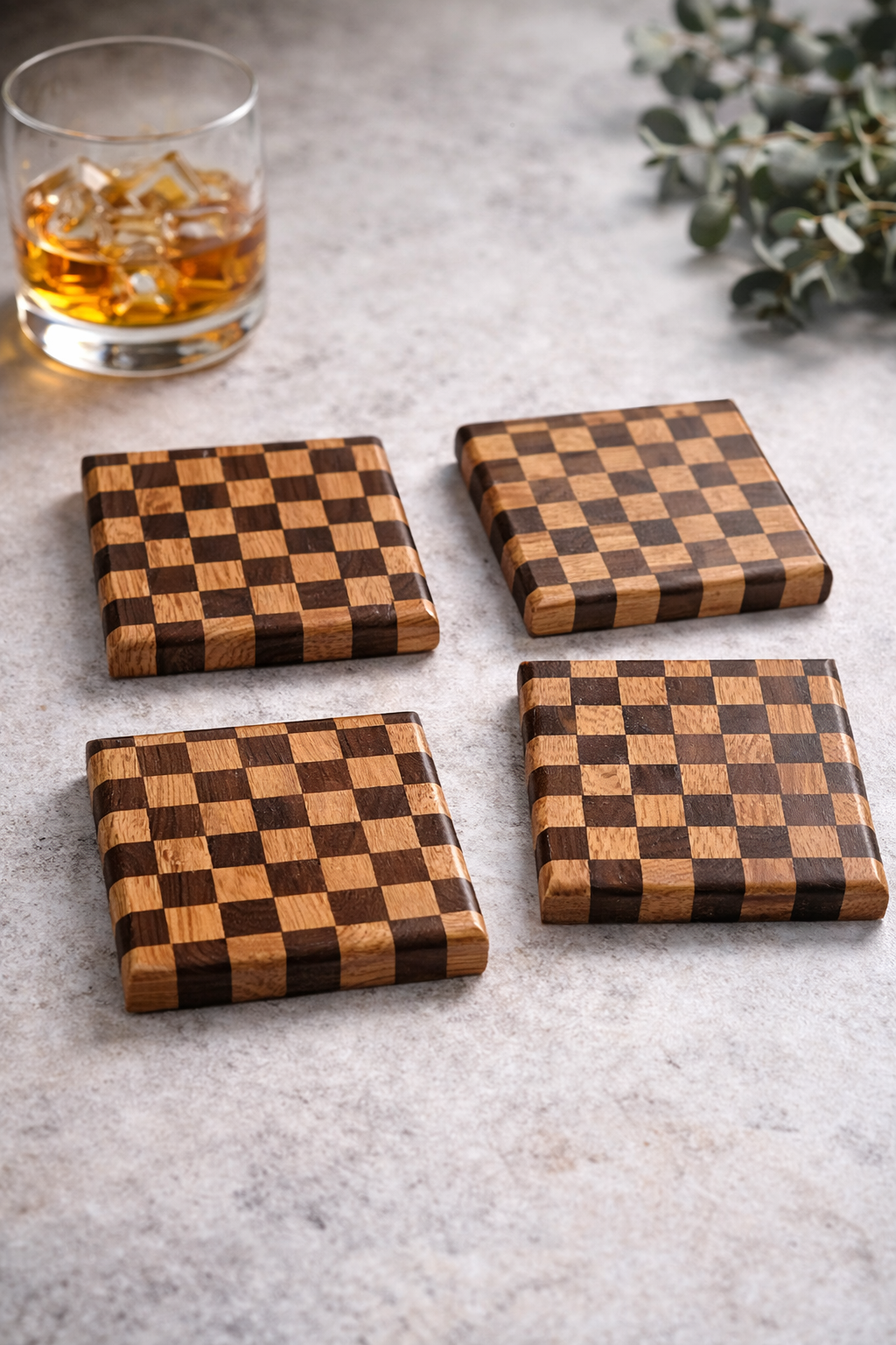 Checkered Wood Coaster Set
