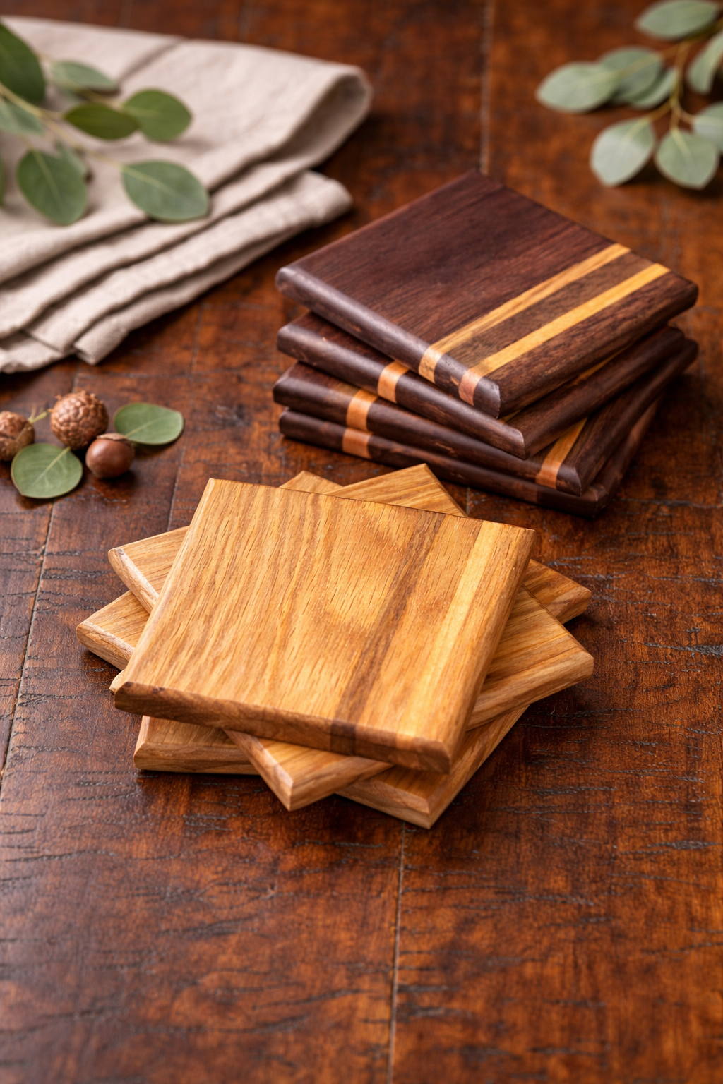 Handcrafted Wood Coaster Set with Striped Accent