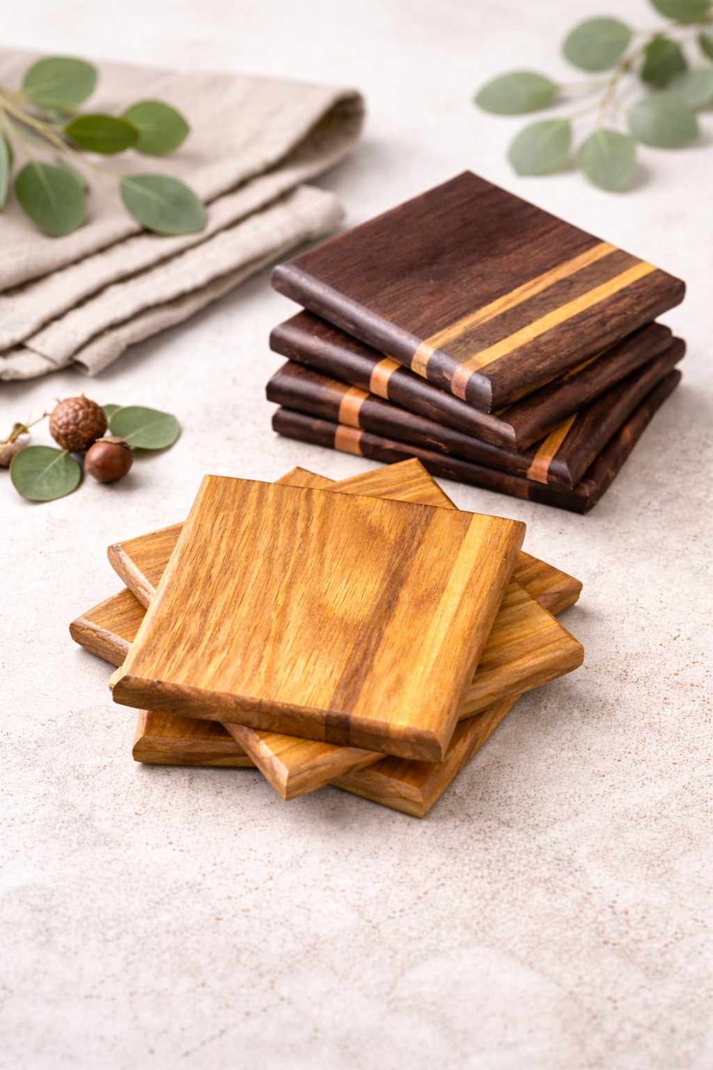 Handcrafted Wood Coaster Set with Striped Accent