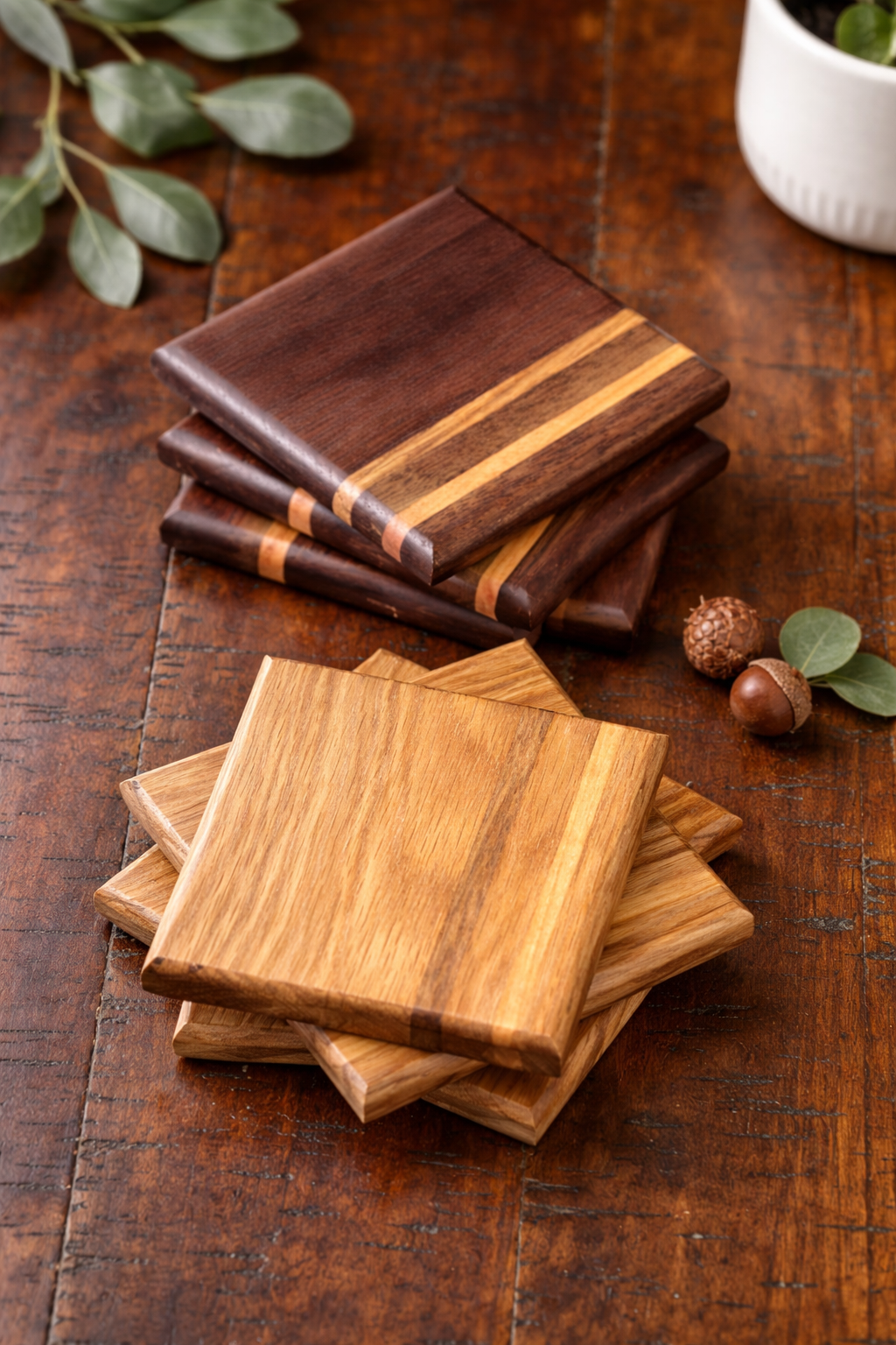 Handcrafted Wood Coaster Set with Striped Accent