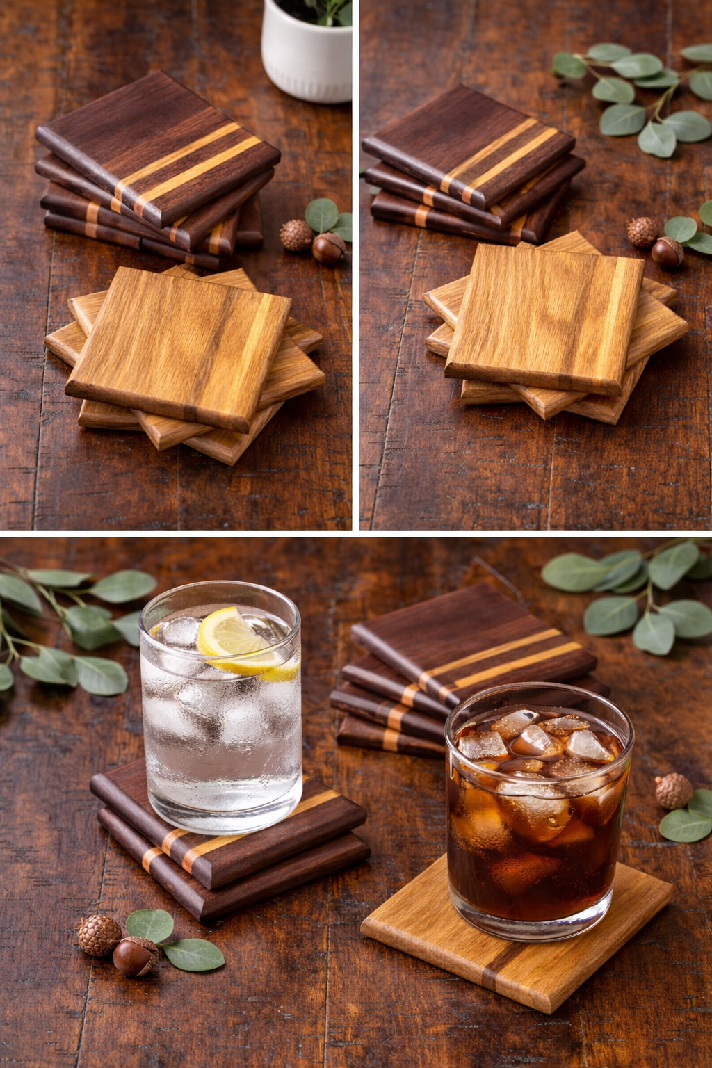 Handcrafted Wood Coaster Set with Striped Accent