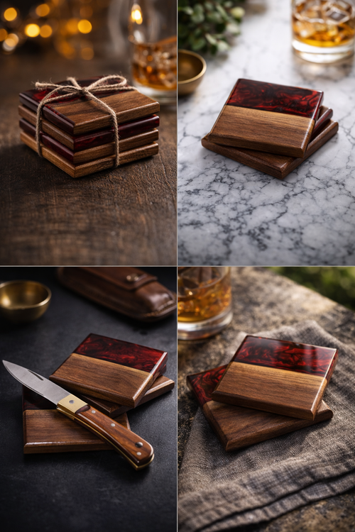 Handmade Wood and Resin Coaster Set